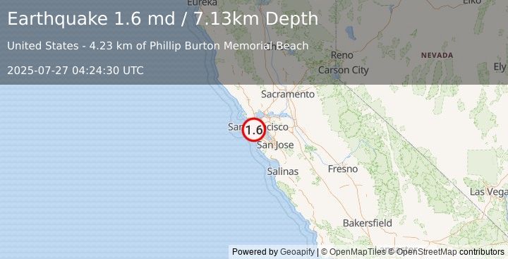 Earthquake 5 km WSW of San Francisco Zoo, CA (1.6 md) (2025-07-27 04:24:30 UTC)