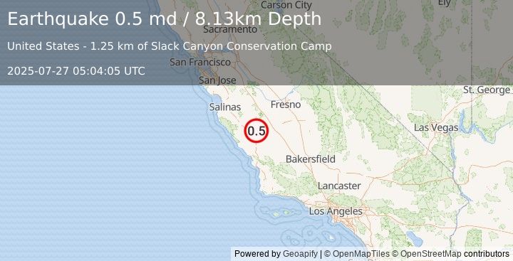 Earthquake 21 km E of San Ardo, CA (0.5 md) (2025-07-27 05:04:05 UTC)