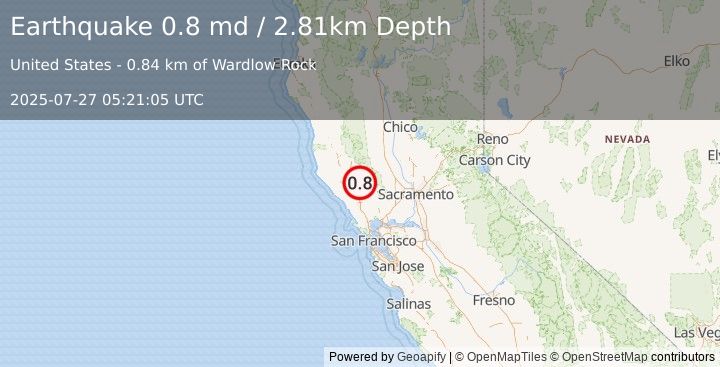 Earthquake 3 km WSW of Anderson Springs, CA (0.8 md) (2025-07-27 05:21:05 UTC)