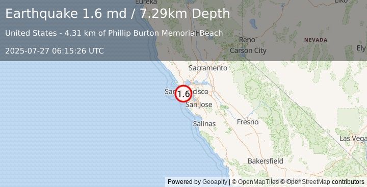 Earthquake 5 km WSW of San Francisco Zoo, CA (1.6 md) (2025-07-27 06:15:26 UTC)