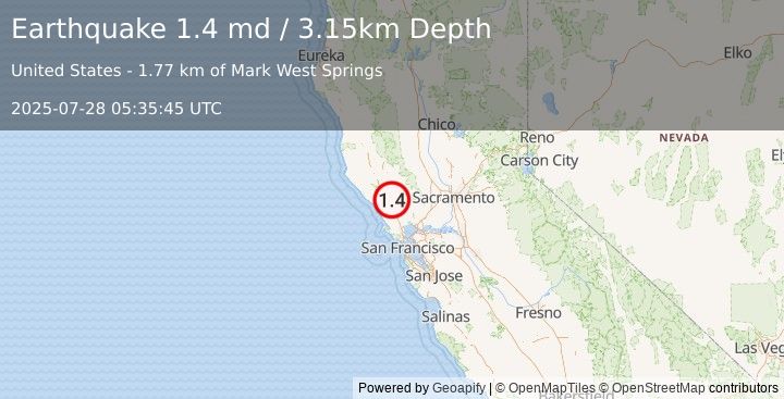 Earthquake 3 km NNE of Larkfield-Wikiup, CA (1.4 md) (2025-07-28 05:35:45 UTC)