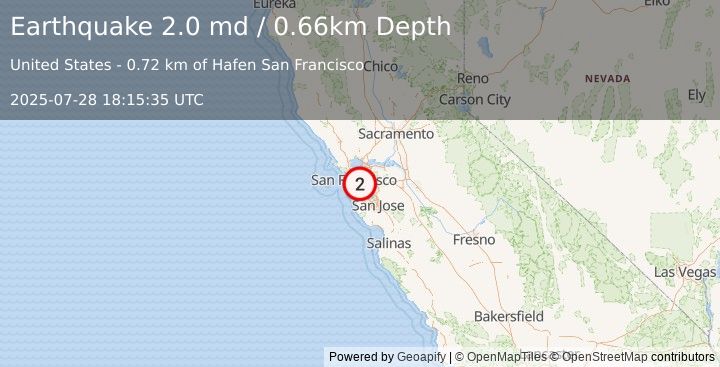 Earthquake 7 km SW of Alameda, CA (2.0 md) (2025-07-28 18:15:35 UTC)
