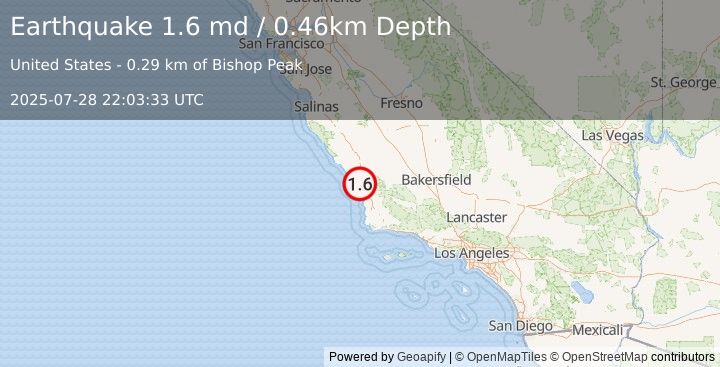 Earthquake 4 km NW of San Luis Obispo, CA (1.6 md) (2025-07-28 22:03:33 UTC)