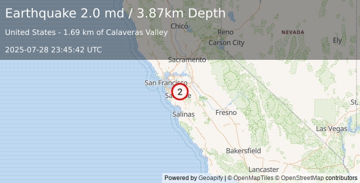 Earthquake 10 km ENE of Milpitas, CA (2.0 md) (2025-07-28 23:45:42 UTC)