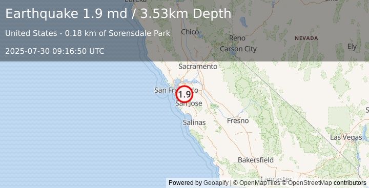 Earthquake 1 km SE of Hayward, CA (1.9 md) (2025-07-30 09:16:50 UTC)