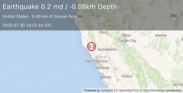 Earthquake 8 km W of The Geysers, CA (0.2 md) (2025-07-30 14:53:16 UTC)