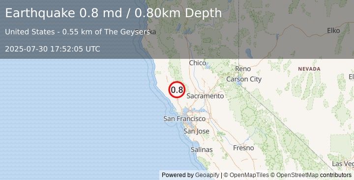 Earthquake 0 km  of The Geysers, CA (0.8 md) (2025-07-30 17:52:05 UTC)
