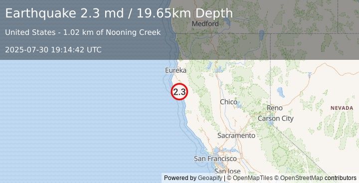 Earthquake 8 km ENE of Shelter Cove, CA (2.3 md) (2025-07-30 19:14:42 UTC)