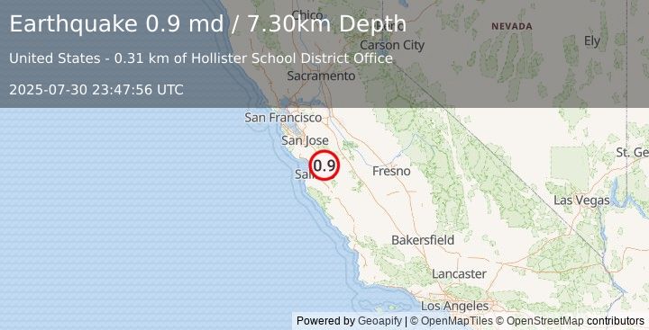 Earthquake 2 km WNW of Hollister, CA (0.9 md) (2025-07-30 23:47:56 UTC)
