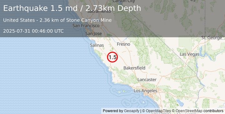 Earthquake 16 km NW of Parkfield, CA (1.5 md) (2025-07-31 00:46:00 UTC)