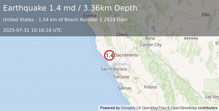 Earthquake 4 km NNE of Larkfield-Wikiup, CA (1.4 md) (2025-07-31 10:16:18 UTC)