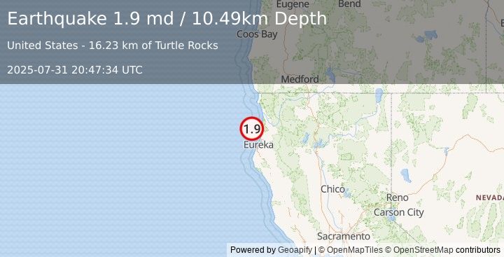Earthquake 23 km NW of Trinidad, CA (1.9 md) (2025-07-31 20:47:34 UTC)