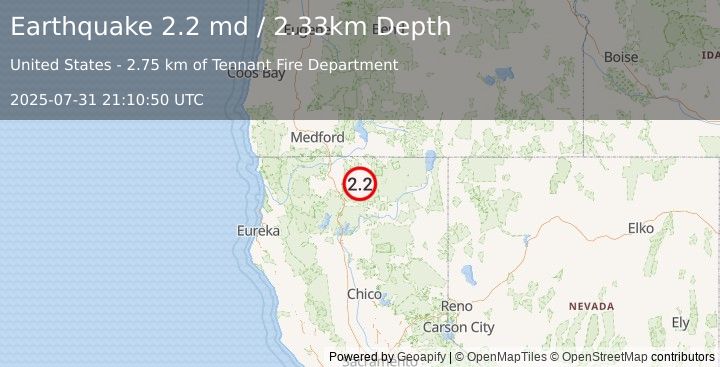 Earthquake 3 km SW of Tennant, CA (2.2 md) (2025-07-31 21:10:50 UTC)