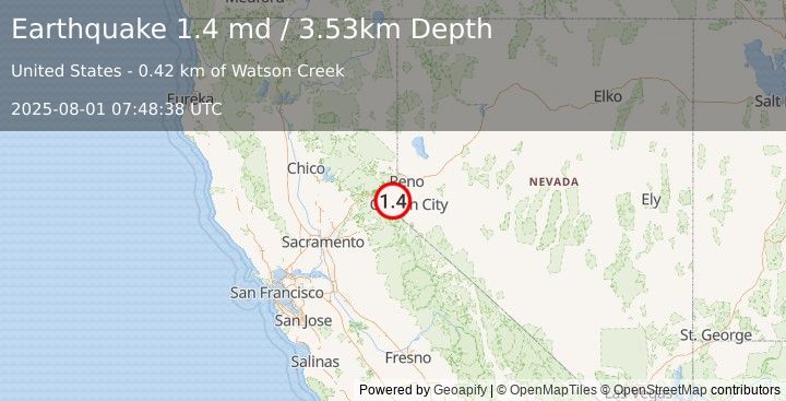 Earthquake 4 km WSW of Tahoe Vista, CA (1.4 md) (2025-08-01 07:48:38 UTC)
