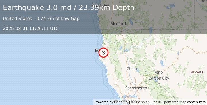 Earthquake 15 km SE of Pine Hills, CA (3.0 md) (2025-08-01 11:26:11 UTC)