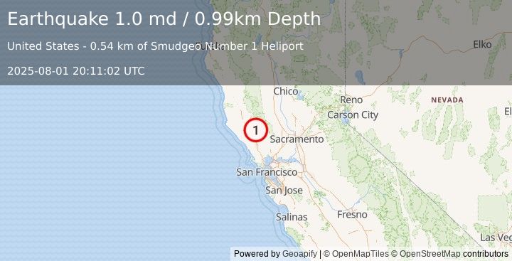 Earthquake 0 km N of The Geysers, CA (1.0 md) (2025-08-01 20:11:02 UTC)