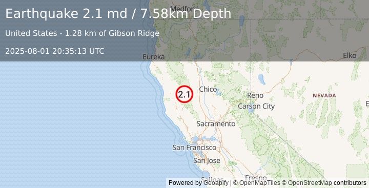 Earthquake 14 km WSW of Alder Springs, CA (2.1 md) (2025-08-01 20:35:13 UTC)
