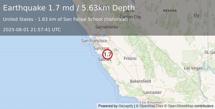 Earthquake 12 km SE of Gilroy, CA (1.7 md) (2025-08-01 21:57:41 UTC)
