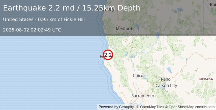 Earthquake 4 km E of Arcata, CA (2.2 md) (2025-08-02 02:02:49 UTC)
