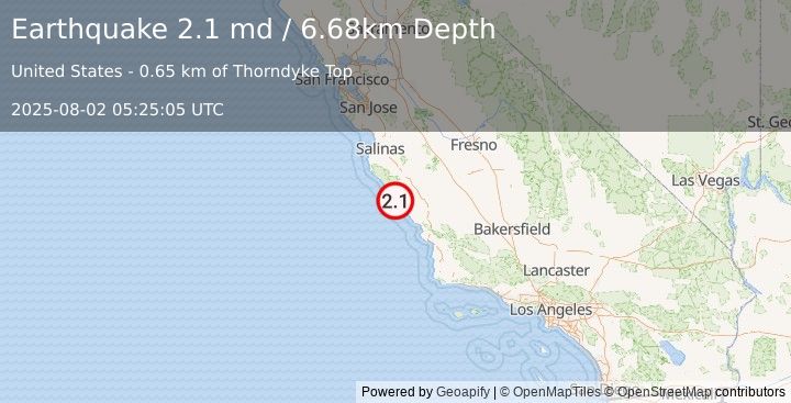 Earthquake 24 km NNW of San Simeon, CA (2.1 md) (2025-08-02 05:25:05 UTC)