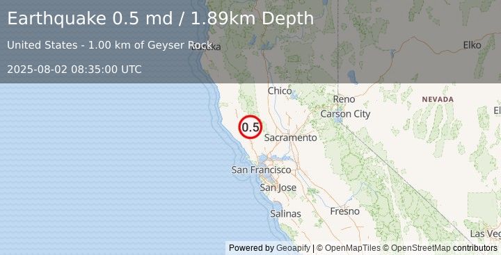 Earthquake 3 km WNW of Cobb, CA (0.5 md) (2025-08-02 08:35:00 UTC)