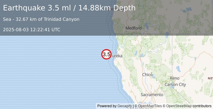 Earthquake 59 km WNW of Bayview, CA (3.5 ml) (2025-08-03 12:22:41 UTC)