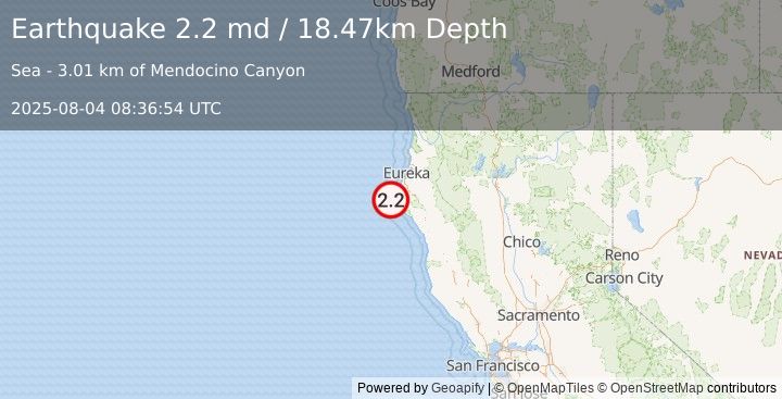 Earthquake 18 km WNW of Petrolia, CA (2.2 md) (2025-08-04 08:36:54 UTC)