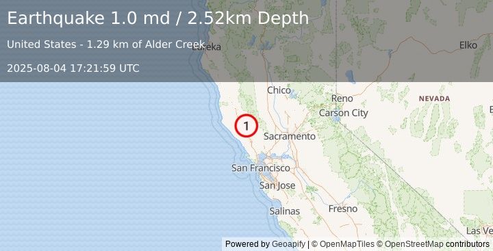 Earthquake 13 km E of Cloverdale, CA (1.0 md) (2025-08-04 17:21:59 UTC)