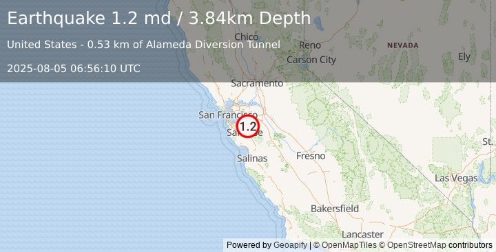 Earthquake 13 km ENE of Milpitas, CA (1.2 md) (2025-08-05 06:56:10 UTC)