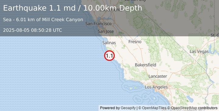Earthquake 12 km SW of Lopez Point, CA (1.1 md) (2025-08-05 08:50:28 UTC)
