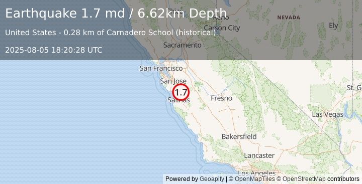 Earthquake 7 km S of Gilroy, CA (1.7 md) (2025-08-05 18:20:28 UTC)