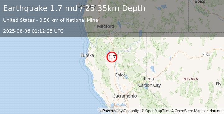 Earthquake 4 km WNW of Shasta Lake, CA (1.7 md) (2025-08-06 01:12:25 UTC)