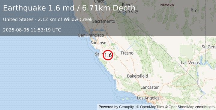 Earthquake 10 km  of Pinnacles, CA (1.6 md) (2025-08-06 11:53:19 UTC)