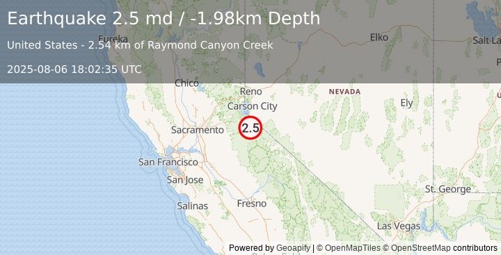 Earthquake 7 km SSW of Markleeville, CA (2.5 md) (2025-08-06 18:02:35 UTC)