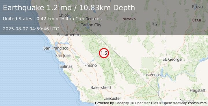 Earthquake 12 km SW of Toms Place, CA (1.2 md) (2025-08-07 04:59:46 UTC)