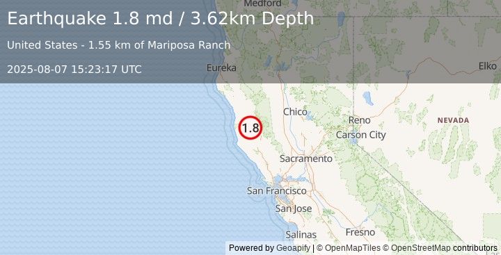 Earthquake 9 km NNW of Redwood Valley, CA (1.8 md) (2025-08-07 15:23:17 UTC)