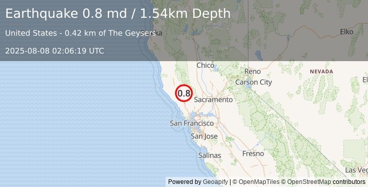 Earthquake 0 km NW of The Geysers, CA (0.8 md) (2025-08-08 02:06:19 UTC)