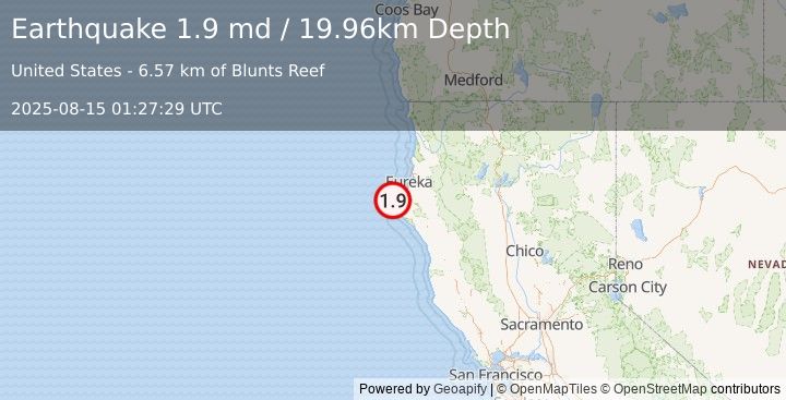 Earthquake 21 km W of Ferndale, CA (1.9 md) (2025-08-15 01:27:29 UTC)