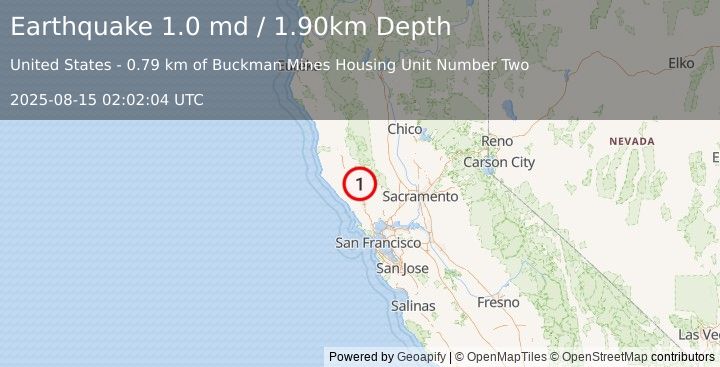 Earthquake 6 km WNW of The Geysers, CA (1.0 md) (2025-08-15 02:02:04 UTC)