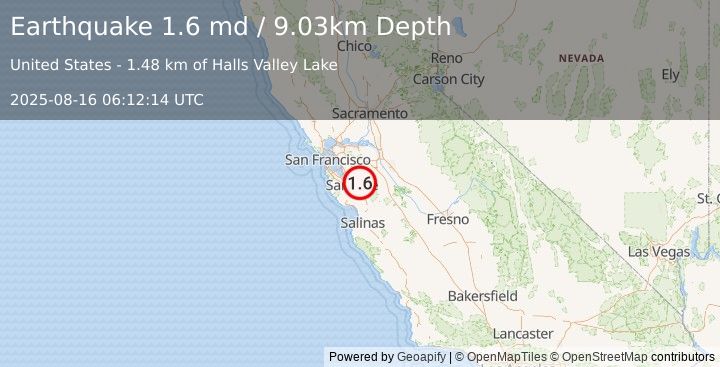 Earthquake 10 km ESE of Alum Rock, CA (1.6 md) (2025-08-16 06:12:14 UTC)