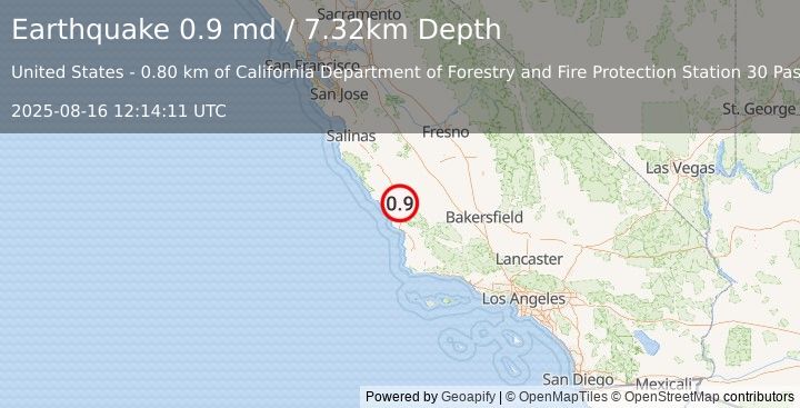Earthquake 4 km NE of Templeton, CA (0.9 md) (2025-08-16 12:14:11 UTC)