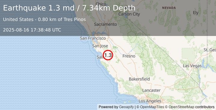 Earthquake 1 km E of Tres Pinos, CA (1.3 md) (2025-08-16 17:38:48 UTC)