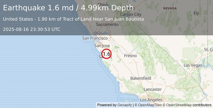 Earthquake 3 km WSW of San Juan Bautista, CA (1.6 md) (2025-08-16 23:30:53 UTC)