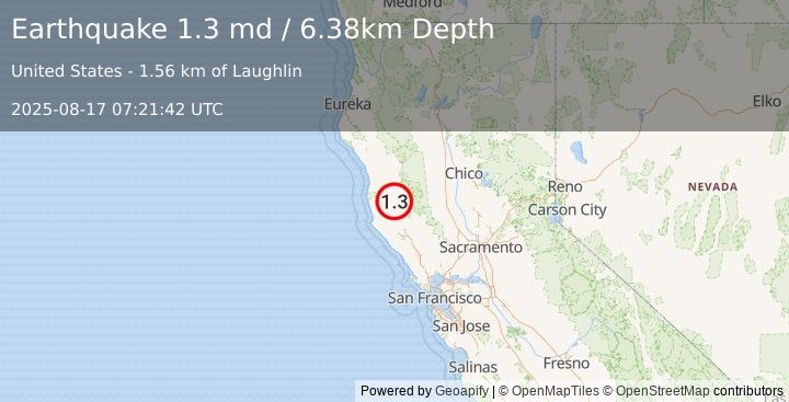 Earthquake 4 km NNW of Redwood Valley, CA (1.3 md) (2025-08-17 07:21:42 UTC)