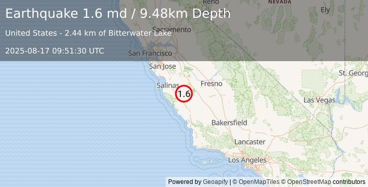 Earthquake 23 km SSE of Pinnacles, CA (1.6 md) (2025-08-17 09:51:30 UTC)