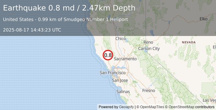 Earthquake 2 km  of The Geysers, CA (0.8 md) (2025-08-17 14:43:23 UTC)