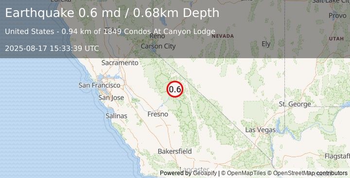 Earthquake 2 km W of Mammoth Lakes, CA (0.6 md) (2025-08-17 15:33:39 UTC)