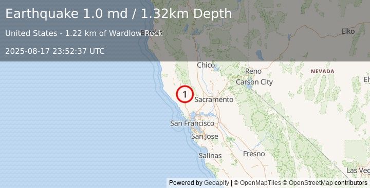 Earthquake 3 km SE of The Geysers, CA (1.0 md) (2025-08-17 23:52:37 UTC)