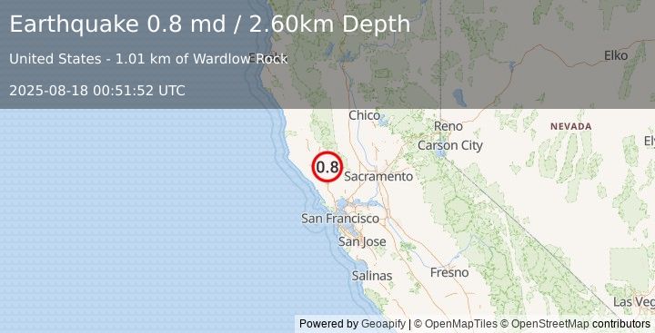 Earthquake 3 km SE of The Geysers, CA (0.8 md) (2025-08-18 00:51:52 UTC)