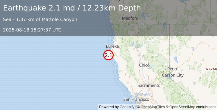 Earthquake 14 km W of Petrolia, CA (2.1 md) (2025-08-18 15:27:37 UTC)